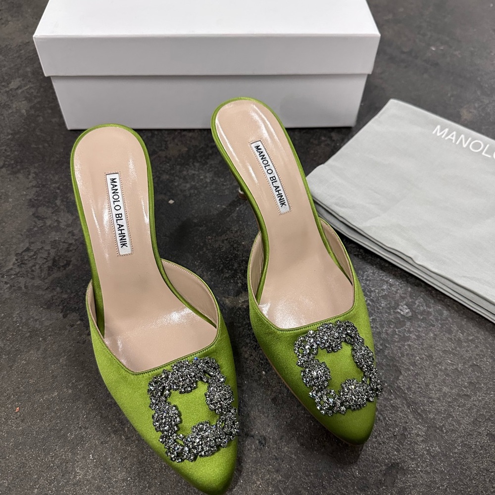 Manolo Blahnik Satin Hangisimu 70 Mule Heels Green Satin - Picture 1 of 13